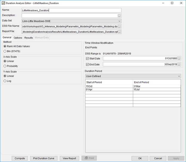 Figure 1. LittleMeadows_Duration General Tab