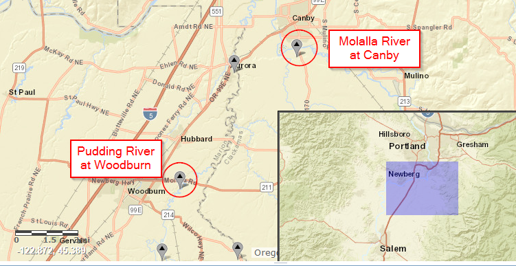 Overview map of Pudding and Molalla Rivers