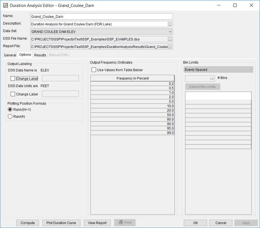Figure 7. Duration Analysis Editor with Options Tab Selected.