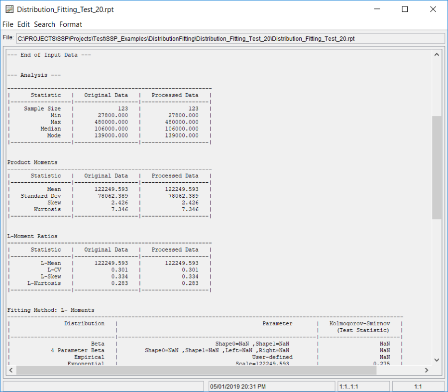 Figure 2. Distribution Fitting Analysis Report File.