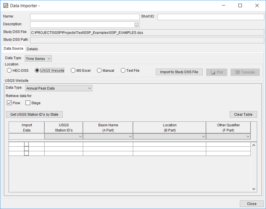 Figure 3. HEC-SSP Data Importer with USGS Website Import Option.