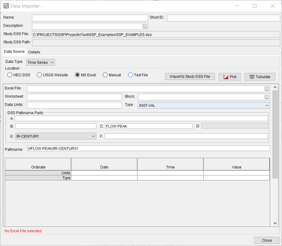 Figure 6. Data Importer with MS Excel Import Option Selected.