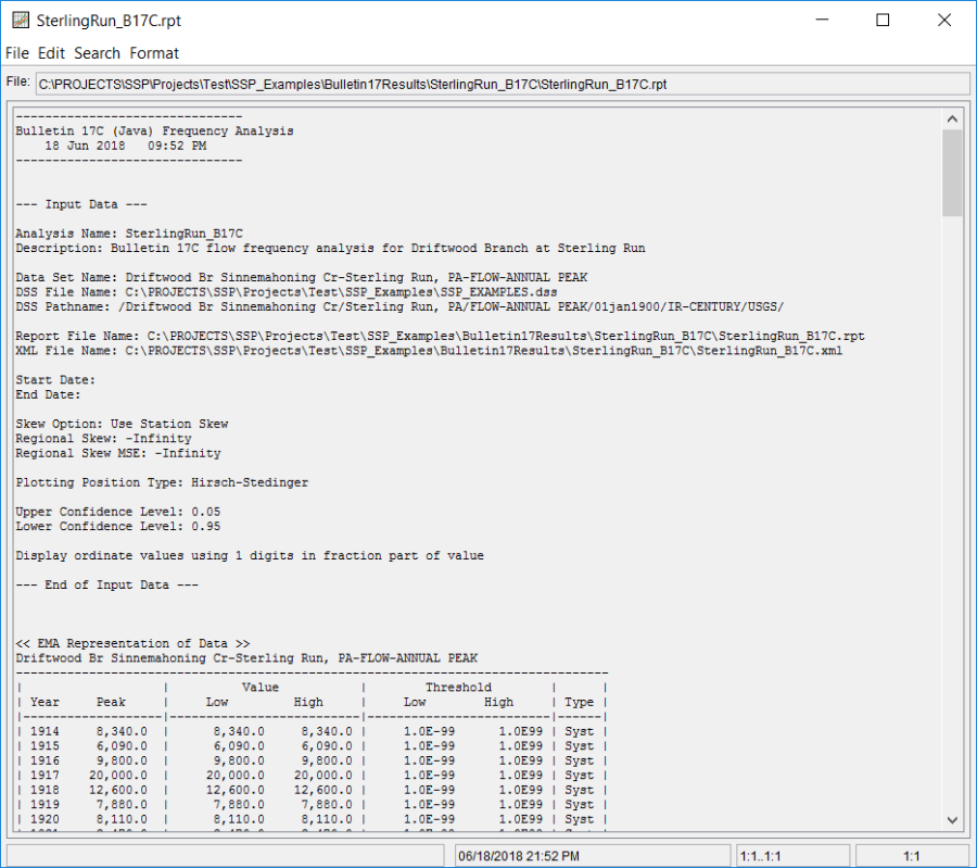 Figure 13. Report File from Bulletin 17 Frequency Analysis.