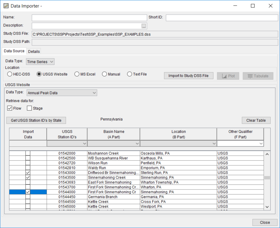 Figure 6. Example of Choosing Gages from a USGS State List to Import.