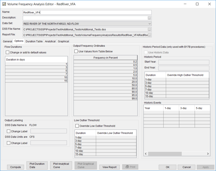 Figure 8. Volume Frequency Analysis Editor with Options Tab Selected.