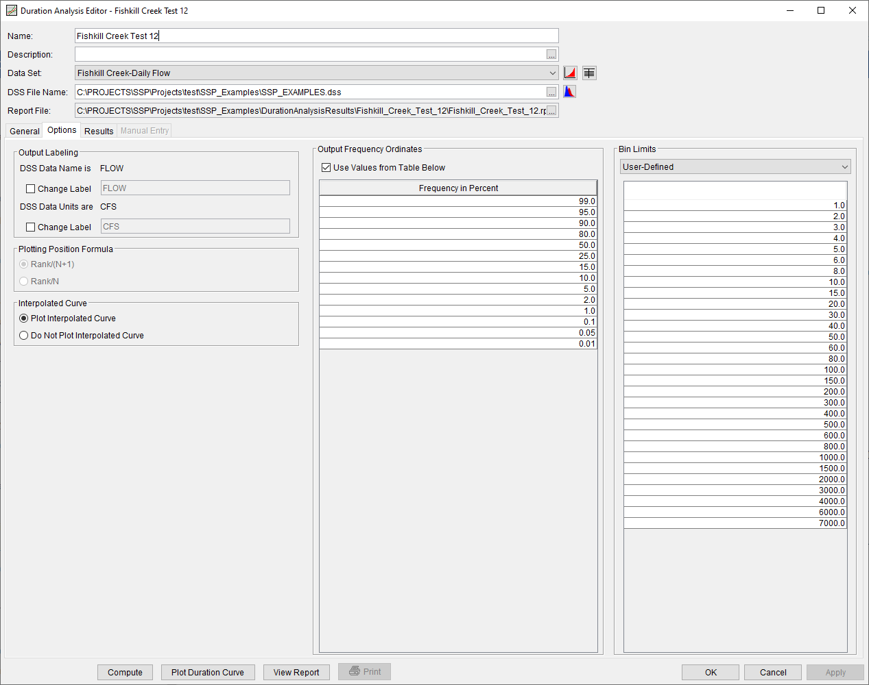 Figure 7. Duration Analysis Editor with Options Tab Selected.