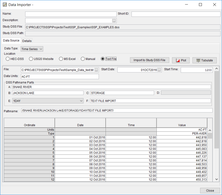 Figure 21. Defining DSS Pathname Parts, Units, and Data Type for Text File Import.