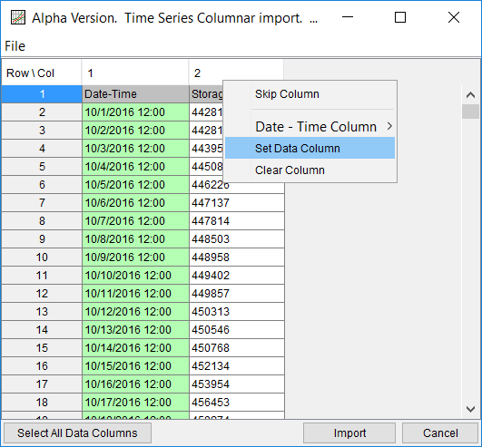 Figure 19. Identify and Set a Data Column for Text File Import.