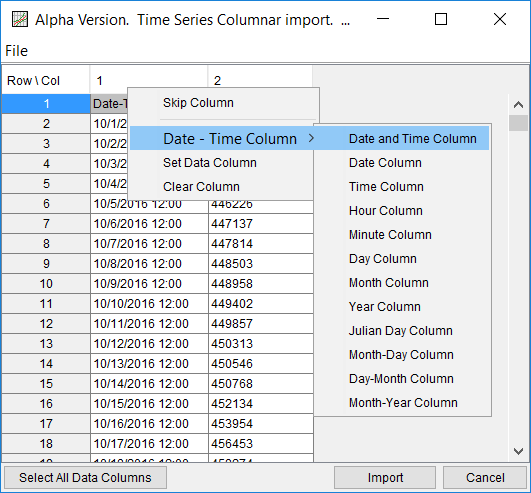 Figure 18. Identify and Set Date and Time Column(s) for Text File Import.