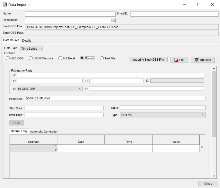 Figure 13. Data Importer with Manual Data Entry Option Selected.