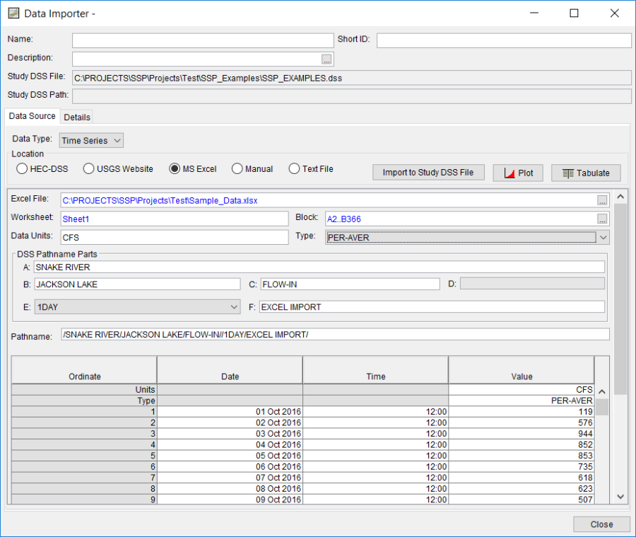 Figure 12. Defining DSS Pathname Parts, Units, and Data Type for Excel Import.