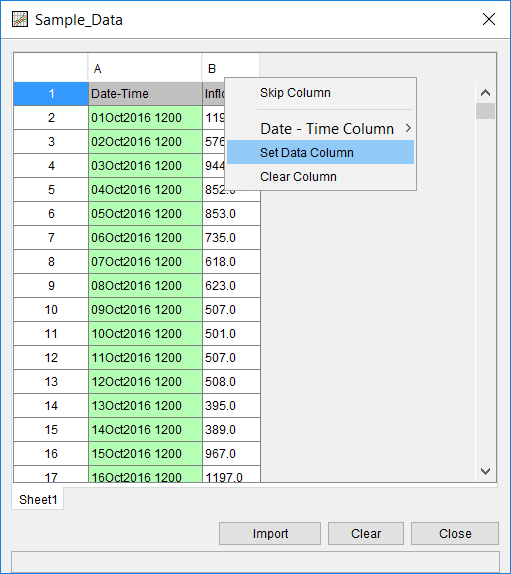 Figure 10. Identify and Set a Data Column for Excel Import.