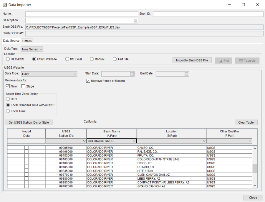 Figure 5. Data Importer with USGS Gages Listed in Table.