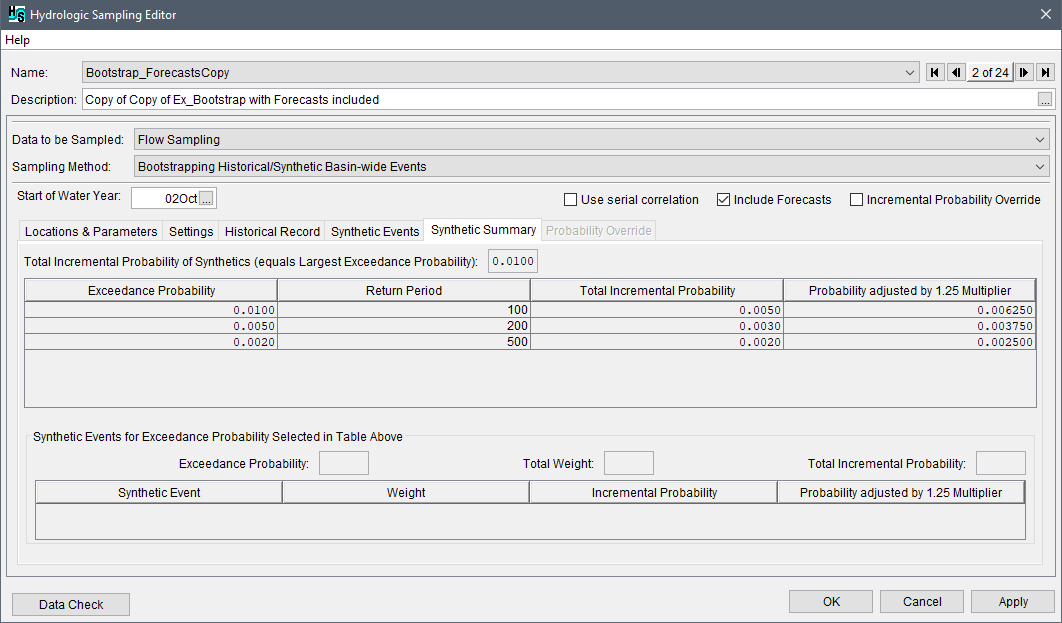 Hydrologic Sampling Editor, Bootstrapping method, Synthetic Summary tab, default view. Hydrologic Sampling Editor, Bootstrapping method, Synthetic Summary tab, default view.