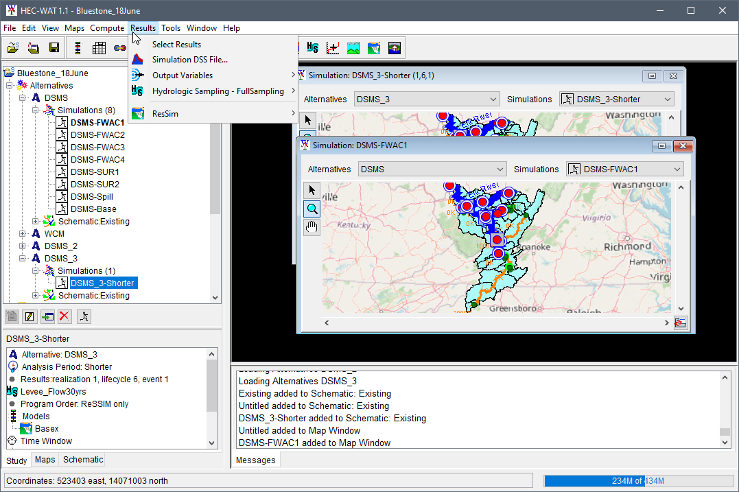 Example displaying multiple open simulation map windows with the Results menu active for the active map window.
