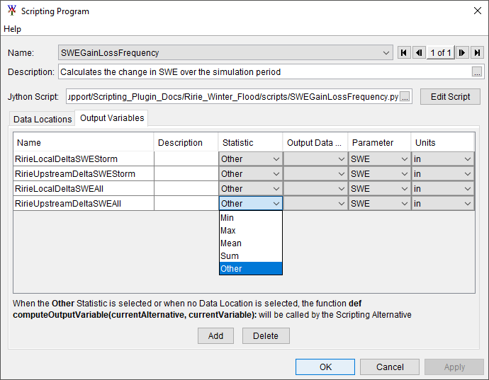 Output Variables tab of the Scripting Plugin editor, showing several example Output Variables defined.