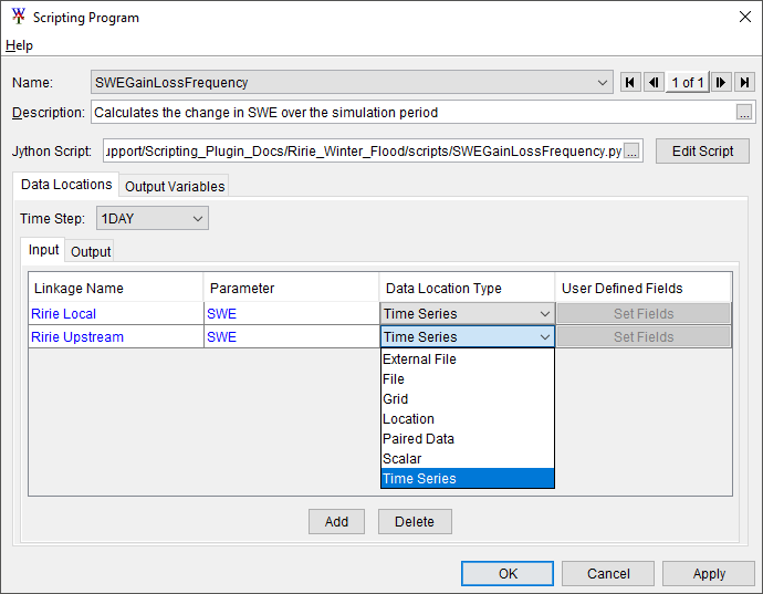 Scripting Alternative editor showing example input data locations being defined as time series.