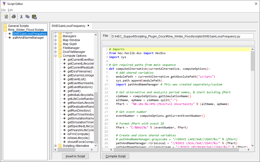 Script editor window showing an example script being edited and the API pane open to the Compute Options object