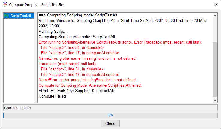 Script failure error message as a result of an exception raised by the script.