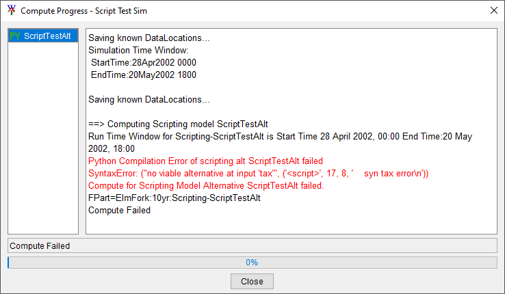 Script failure error message as a result of a syntax error.