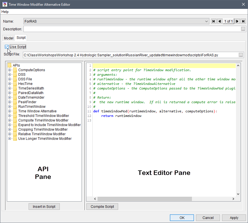 Time Window Modifier Alternative Editor, Script tab.
