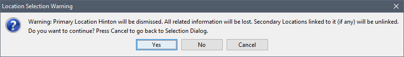 Location Selection Warning message window.