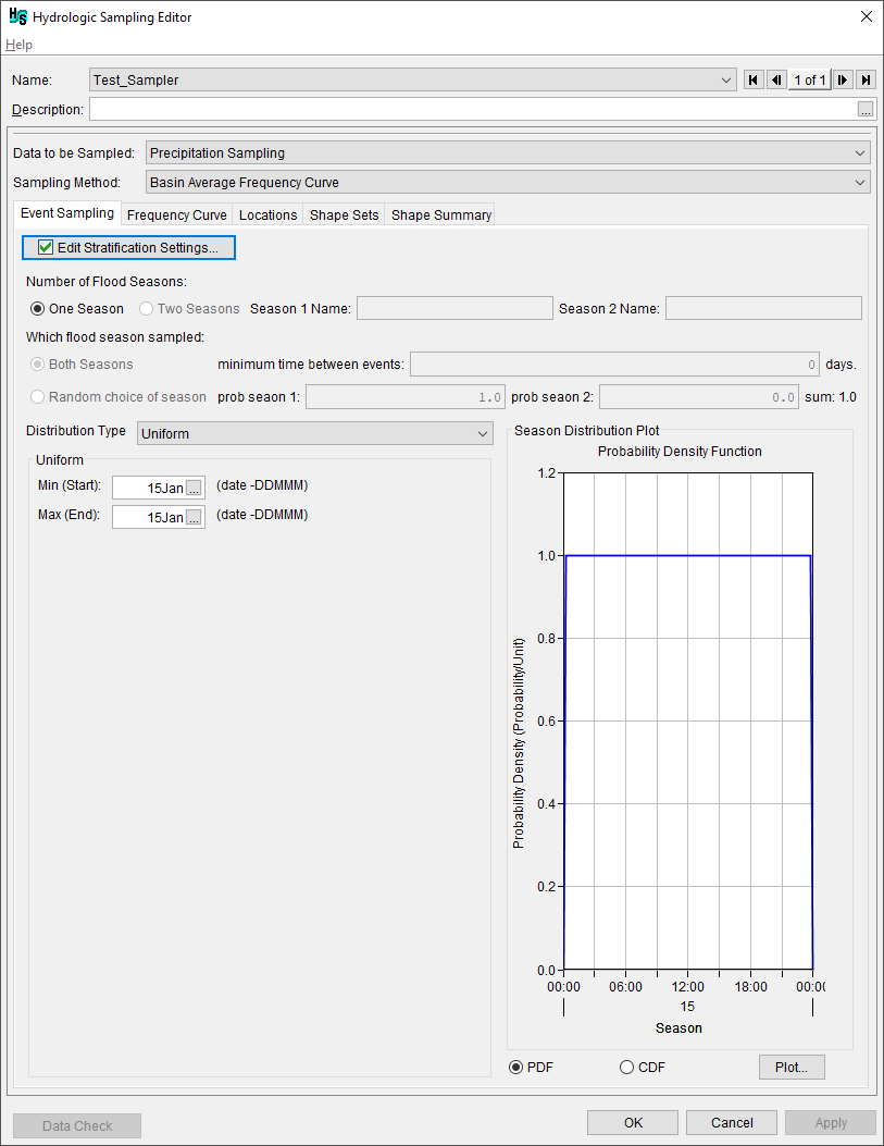 Hydrologic Sampling Editor, Precipitation Basin Average Frequency Curve, Event Sampling tab example.