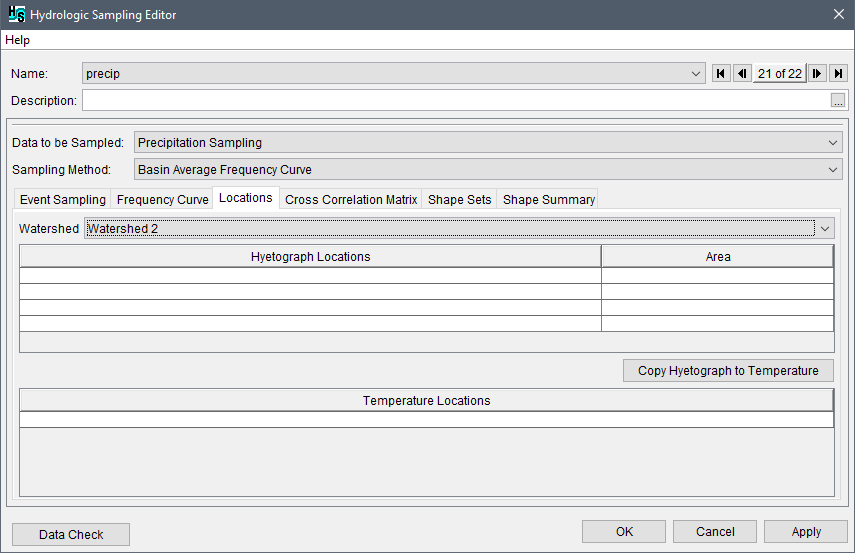 Hydrologic Sampling Editor, Precipitation Sampling, Locations tab, displaying the default view. Hydrologic Sampling Editor, Precipitation Sampling, Locations tab, displaying the default view.