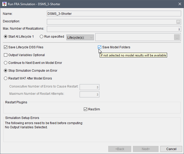 Run FRA Simulation dialog box.