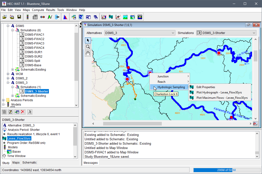 Simulation map window displaying the results shortcut Hydrologic Sampling submenu for a selected element.