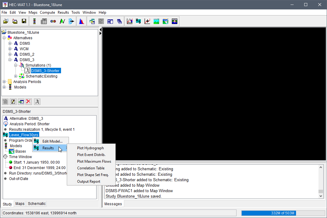 HEC-WAT main window, displaying the Hydrologic Sampler shortcut Results submenu commands available from the Content Pane. HEC-WAT main window, displaying the Hydrologic Sampler shortcut Results submenu commands available from the Content Pane.