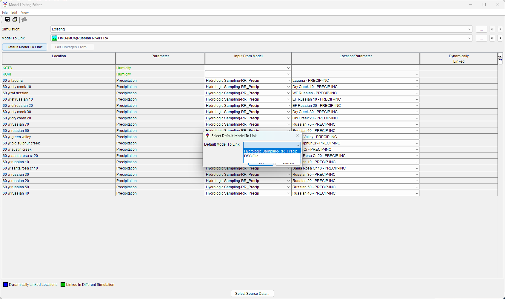 Model Linking Editor - HMS Model To Link - Select Default Model To Link