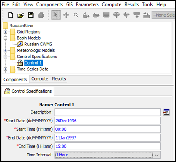 HEC-HMS Main Window - Control Specifications Pane HEC-HMS Main Window - Control Specifications Pane