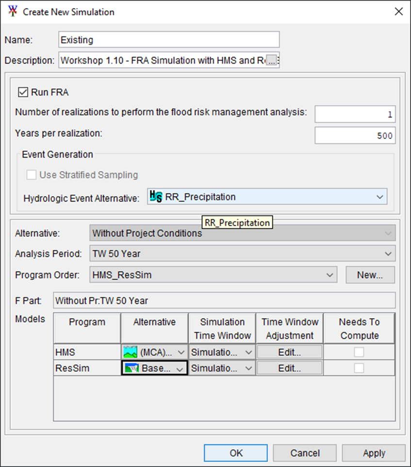 Create New Simulation - HMS and ResSim Program Alternatives Selected Create New Simulation - HMS and ResSim Program Alternatives Selected