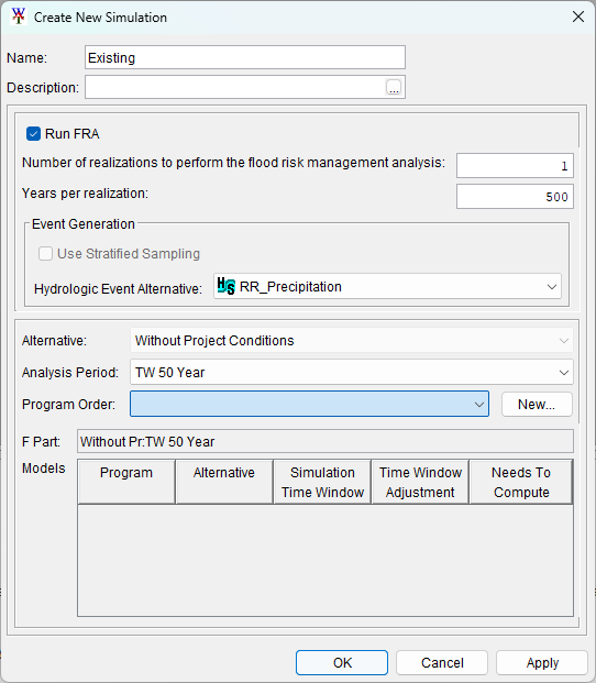 Create new FRA Simulation Dialog Create new FRA Simulation Dialog