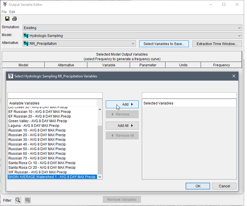 Output Variable Editor - Hydrologic Sampling Alternative - Select Variables to Save Output Variable Editor - Hydrologic Sampling Alternative - Select Variables to Save