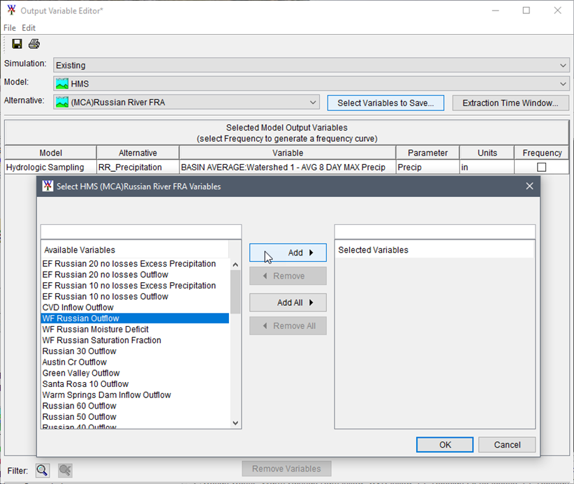 Output Variable Editor - HEC-HMS Alternative - Select Variables to Save Output Variable Editor - HEC-HMS Alternative - Select Variables to Save