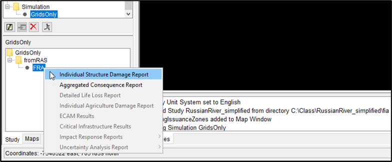 HEC-FIA Main Window - Content Pane -Simulation Results Shortcut Menu HEC-FIA Main Window - Content Pane -Simulation Results Shortcut Menu