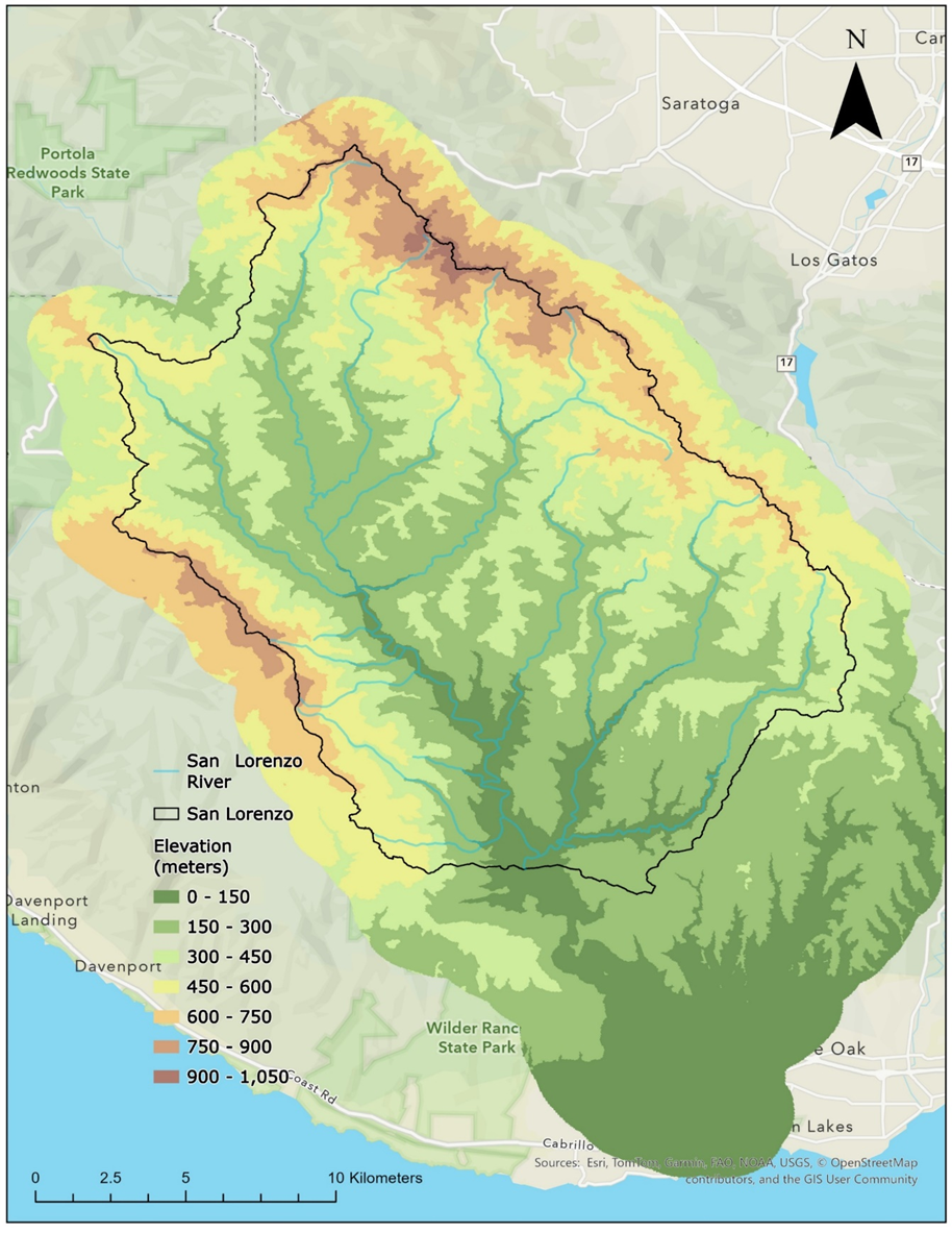 San Lorenzo River Watershed This image contains a map of the San Lorenzo Watershed. An oblong area with high peaks illustrated in bold orange at the top on either end and cascading elevations illustrated in changes of color to green to illustrate the change from mountain peak to mountain valley to the coast.