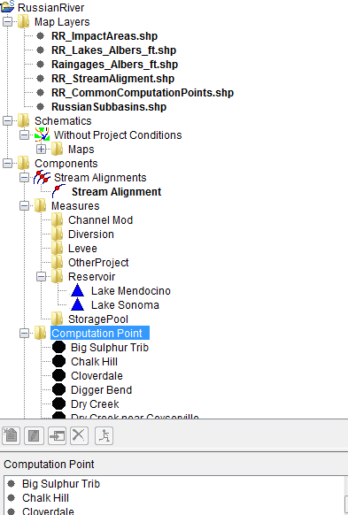 HEC-WAT Main Window - Schematic Tab - Displaying the Schematic Tree (in the Study Pane) and Content Pane
