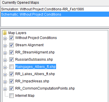 HEC-WAT Main Window - Maps Tab -  Displaying the Currently Opened Maps and Map Layers Tree