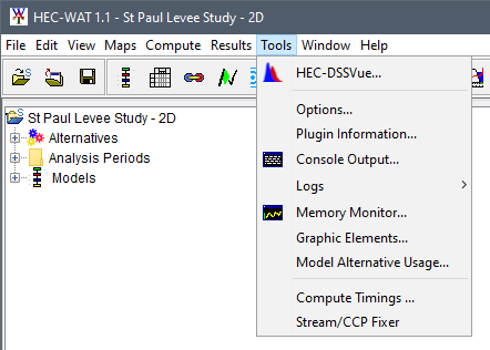 HEC-WAT Tools Menu Options