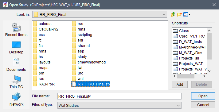Open Study browser window, example HEC-WAT study (.sty) file selected. Open Study browser window, example HEC-WAT study (.sty) file selected.