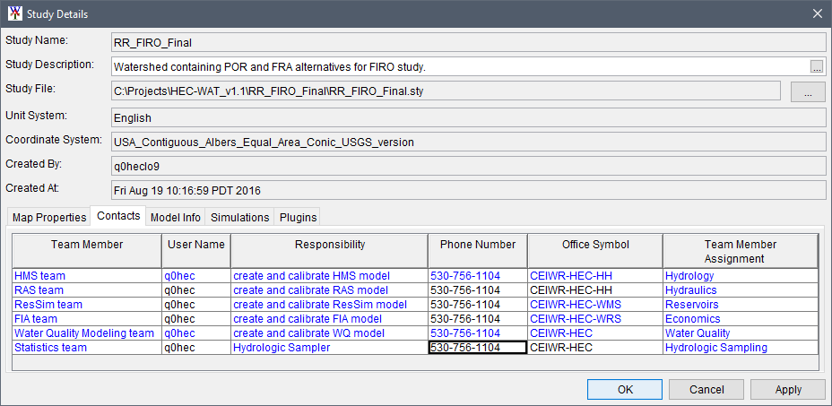 Study Details dialog box, Contacts tab. Study Details dialog box, Contacts tab.
