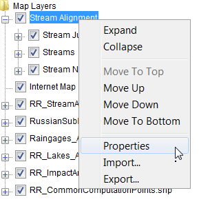 Shortcut menu commands for the Stream Alignment map layer.