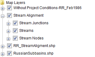 Stream Alignment Layer components displayed in the Map Layers Tree from the Maps Tab.