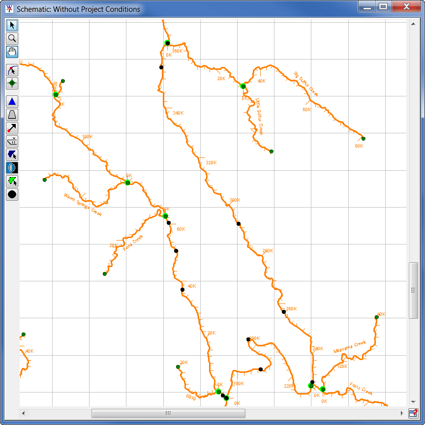 Example of a stream alignment with common computation points loaded in a schematic map window.