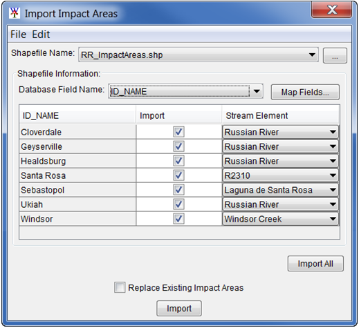 Example shapefile selected in the Import Impact Areas dialog box.