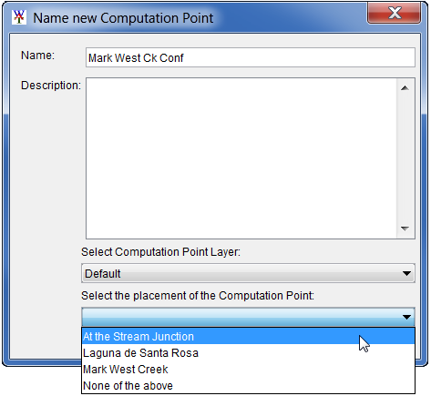 Example of the Name new Computation Point dialog box to add a CCP at a stream junction.