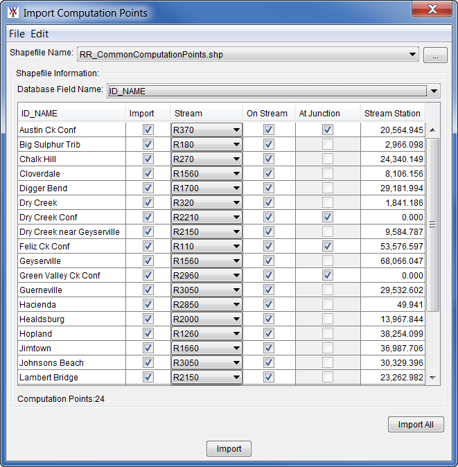 Example shapefile selected in the Import Computation Points dialog box.